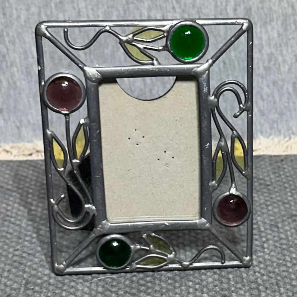 Vintage Stained Glass Mini Photo Frame Art Nouveau Leaded Metal Floral 4x3.5